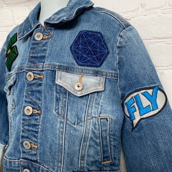 Cat & Jack Patchwork Denim Be a Hero/Live and Learn/Fly Crop Jacket - Picture 2 of 8